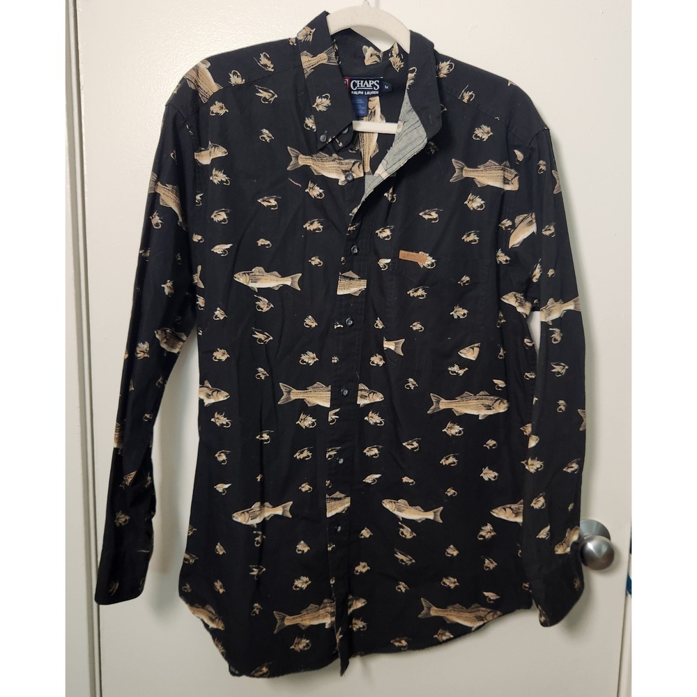 Vtg Men's M Chaps Ralph Lauren Long Sleeve Button Down All Over Fish Print Shirt